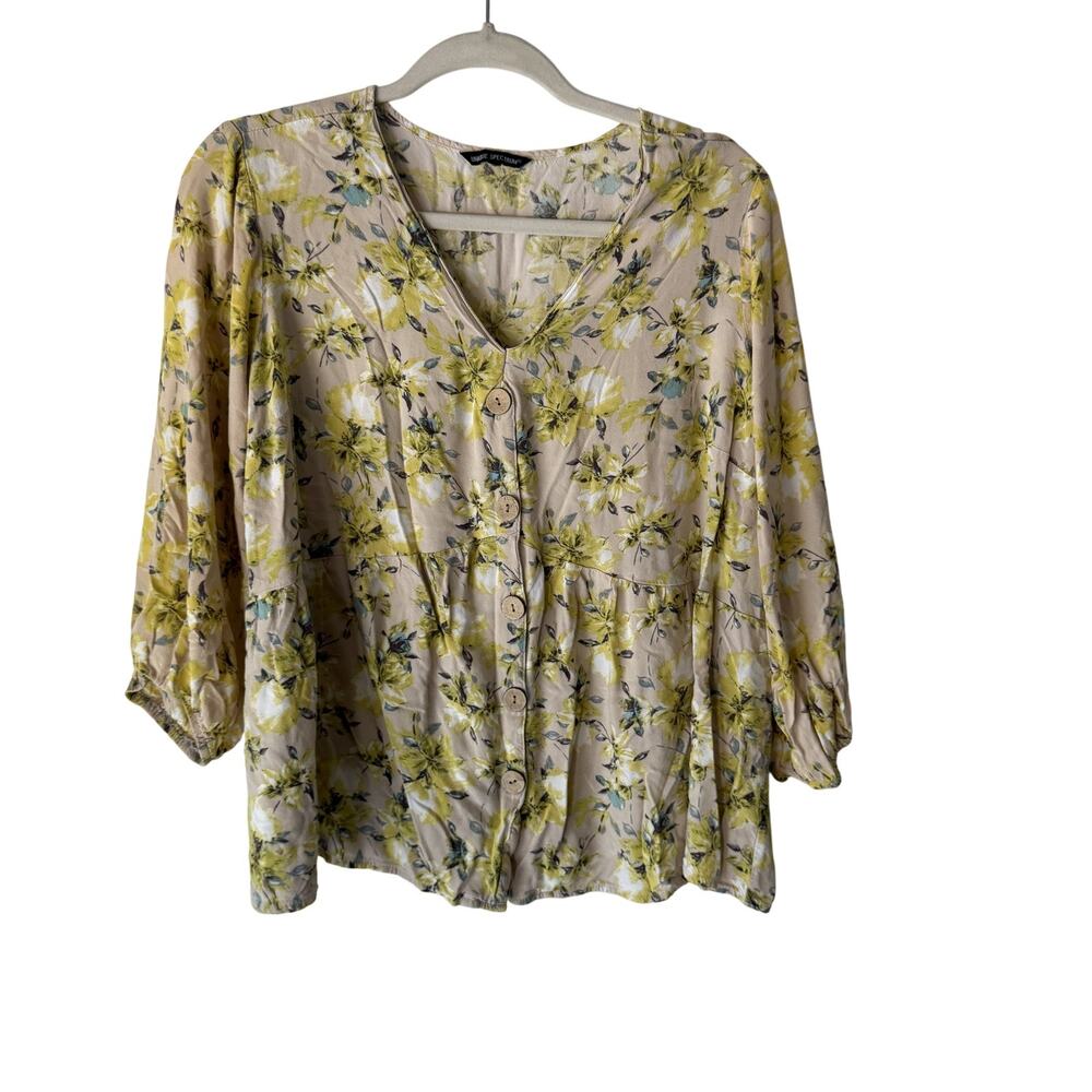 Unique Spectrum Blouse Peasant XL Floral Button Front 3/4 Sleeve‎ Rayon Top